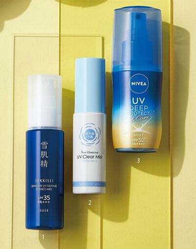 雪肌精 スキンケア UV エッセンス ミストSPF35・PA+++ 60mL/コーセー、紫外線予報 ノンケミカルUVクリアミストM SPF30・PA++ 30mL/石澤研究所、ニベアUV ディーププロテクト&ケア ミルクミスト SPF50+・PA++++ 60mL/ニベア花王