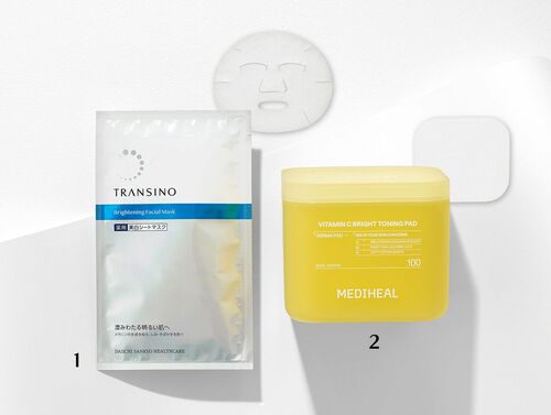 トランシーノ薬用ブライトニングフェイシャルマスク〈 医薬部外品〉／第一三共ヘルスケア、20mL×4枚、ビタミンCブライトトーニングパッド 100枚入り（180mL）／メディヒール
