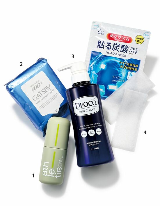 リフレッシング デオドラント ミスト〈医薬部外品〉100mL／アスレティア、ギャツビー アイスデオドラント ボディペーパー アイスシャボン〈医薬部外品〉 30枚／マンダム、デオコ薬用ボディクレンズ〈医薬部外品〉 350mL／ロート製薬、めぐりズム 貼る炭酸ジェルパック HEAD＆NECK 2枚入り×3袋／花王