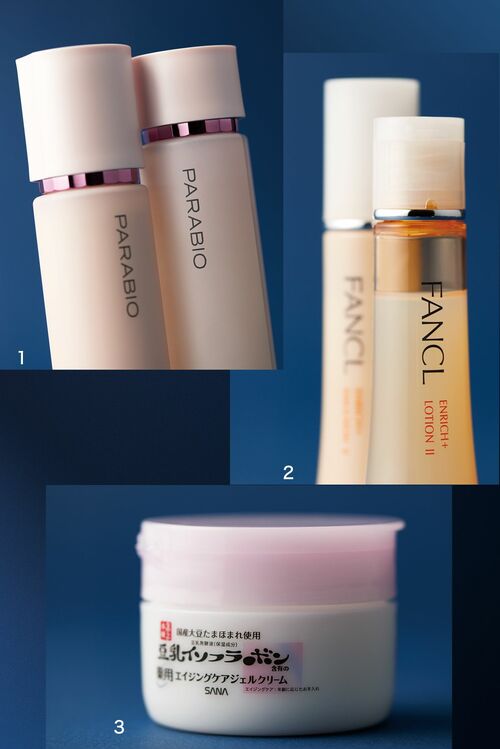 パラビオ ACローション〈医薬部外品〉 130mL ￥11,000、同 ACミルクII〈医薬部外品〉 110mL／ヤクルト ビューティエンス、エンリッチプラス 化粧液 II〈医薬部外品〉 30mL ￥1,870、同乳液 II〈医薬部外品〉 30mL／ファンケル、サナ　なめらか本舗　薬用リンクルジェルクリーム　ホワイト〈医薬部外品〉 100g ／常盤薬品工業