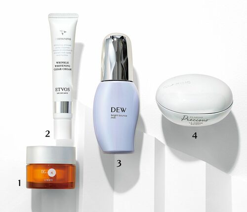 薬用ABC-G プレミアムクリームTA 〈医薬部外品〉 30g/ドクターケイ、薬用 リンクルホワイトニングクリアクリーム〈医薬部外品〉 30g/エトヴォス、DEW ブライトバウンスミルク〈医薬部外品〉 80mL/カネボウ化粧品、クラランスプレシャス ラ クレーム ブライト 50mL/クラランス