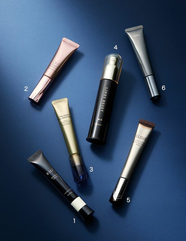 ライース（R）リンクルクロス〈医薬部外品〉 20g／勇心酒造、ONE BY KOSE　ザ リンクレスW 〈医薬部外品〉 18g ／コーセー、バイタルパーフェクション リンクルリフト ディープレチノブライトA+〈医薬部外品〉 20g／SHISEIDO、薬用ラインズリセット〈45〉〈 医薬部外品〉 45mL／メナード、レチノパワー リンクルクリーム baL 〈医薬部外品〉 22g／エリクシール、オルビス ザ リンクルセラム〈 医薬部外品〉 60g／オルビス