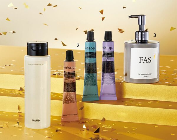 スリーピング バスエッセンス 190mL、ヘルピング ハンズ 30mL、FAS ザ ドレープ ボディミルク Y UGIRI 250mL