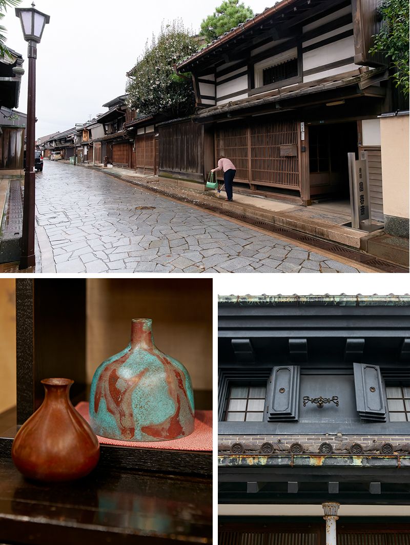 上、石畳の通りの写真。左下金屋町発祥の高岡鋳物、「鋳物工房 利三郎」の写真。右下、山町筋に立つ菅野家住宅の写真