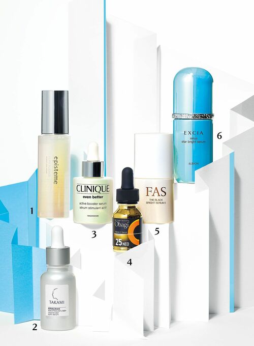 ：ニュートラルクリアセラム 50g／エピステーム、タカミブライトスポットB3+〈 医薬部外品〉 30mL／タカミ、イーブン ベター アクティブ ブースターセラム〈医薬部外品〉 30mL／クリニーク、 オバジC25セラム ネオ 12mL／ロート製薬、FAS ザ ブラック ブライトセラムll〈 医薬部外品〉 30mL／シロク、エクシア シリウス スターブライト セラム〈医薬部外品〉 40mL／アルビオン