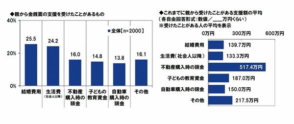 親からの金銭面での支援の内容・平均金額