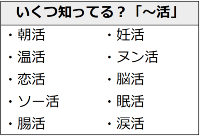 いくつ知ってる？「～活」。朝活、温活、恋活、ソー活、腸活、妊活、ヌン活、脳活、眠活、涙活。