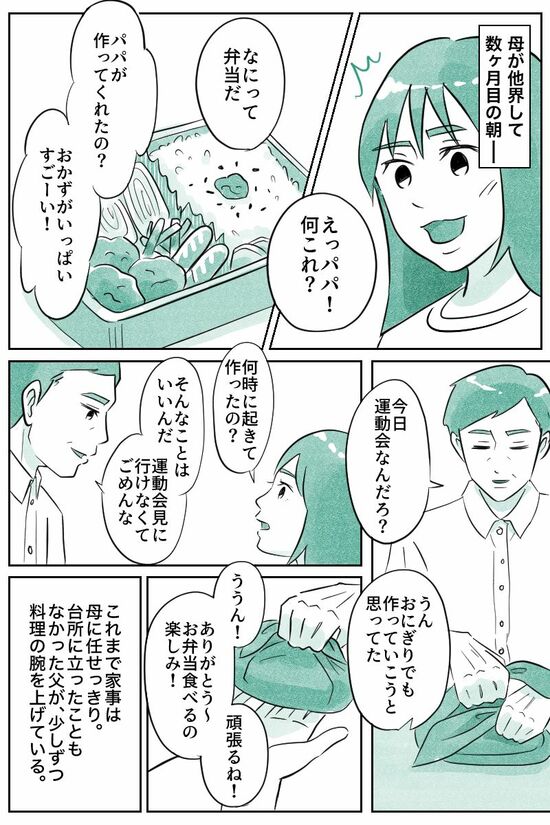 台所に立ったこともなかった父がすこしずつ料理の腕を上げている。（マンガ『オーマイ・ダッド！父がだんだん壊れていく』）