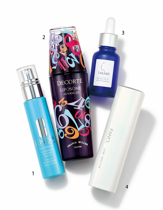 ターンアラウンド セラム AR 30mL／クリニーク、リポソーム アドバンスト リペアセラムFRANCK MULLER EDITION Color Dreams 110mL／コスメデコルテ（限定デザイン）、タカミスキンピール30mL／タカミ、コアエフェクター18mL／ファンケル