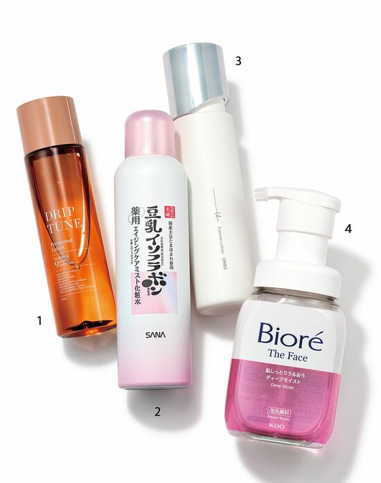ドリップチューン 発酵ローション150mL/スギ薬局、サナ なめらか本舗 薬用リンクルミスト化粧水 ホワイト〈 医薬部外品〉 150g/常盤薬品工業、オルビスユー ドット エッセンスローション〈医薬部外品〉 180mL/オルビス、ビオレ ザ フェイス 泡洗顔料 ディープモイスト 200mL /花王