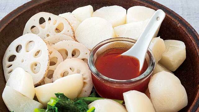 冬野菜の温サラダ梅唐辛子みりんソースで