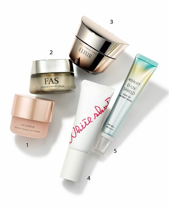 ディセンシー ブライトリフト クリーム〈医薬部外品〉 30g/ディセンシア、FAS ザ ブラック コンフォート クリーム 50g/シロク、トータルV ファーミングクリーム 50g/エリクシール、ホワイトショット セラムUV SPF50+・PA++++〈医薬部外品〉 45g/ポーラ、アスタリフト D-UVシールド トーンアップナチュラルホワイト SPF50+・PA++++ 30g/富士フイルム