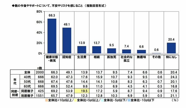 親の今後やサポートについて、不安やリスクを感じること（年代別・同居別居）