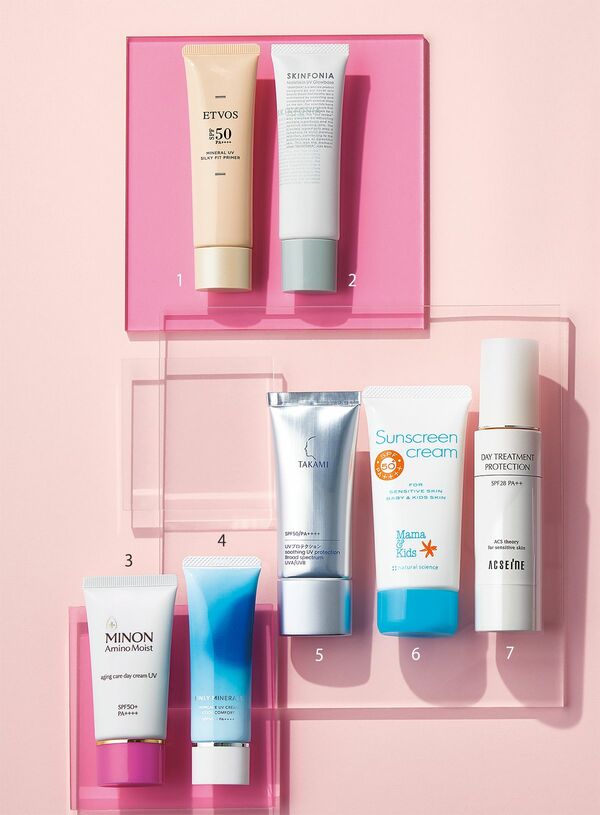 ミネラルUVシルキーフィットプライマー ペールベージュ SPF50･PA++++ 30g／エトヴォス、SKINFONIA モイストスキン UVグロウベース SPF38･PA+++ 30g／TIERRAS、ミノン アミノモイスト エイジングケア デイクリームUV 〈医薬部外品〉 SPF 50+･PA++++30g／第一三共ヘルスケア、オンリーミネラル スキンケアUVクリームN クールコンフォート SPF50+･PA++++ 25g／ヤーマン、タカミUVプロテクションSPF50･PA++++ 30mL／タカミ、ママ&キッズ サンスクリーンクリームSPF50+･PA++++ 60g／ナチュラルサイエンス、デイ トリートメント プロテクション SPF28･PA++ 40g／アクセーヌ