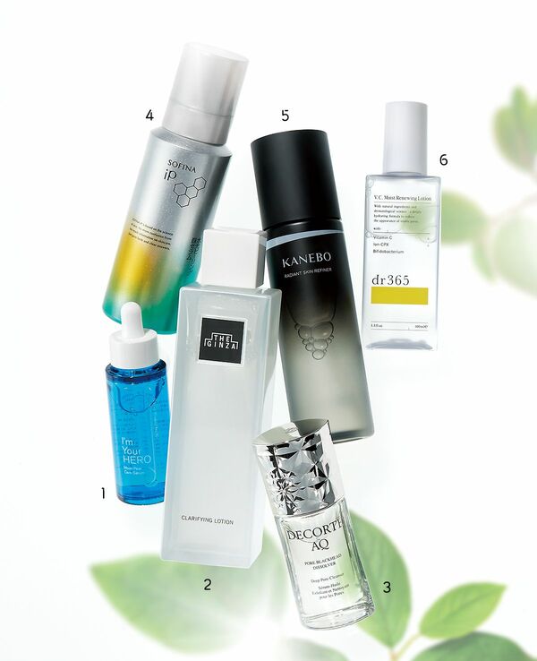 アイムユアヒーロー モイストピールケアセラム 30mL、ザ・ギンザ クラリファイングローション n200mL、AQ 毛穴美容液オイル 40mL、ソフィーナiP 水光ピーリング泡セラム 120g、カネボウラディアント スキン リファイナー 200mL、V.C. モイストリニューイングローション100mL
