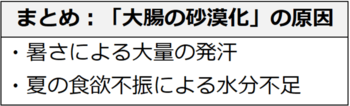 まとめ：「大腸の砂漠化」の原因。暑さによる大量の発汗。夏の食欲不振による水分不足。