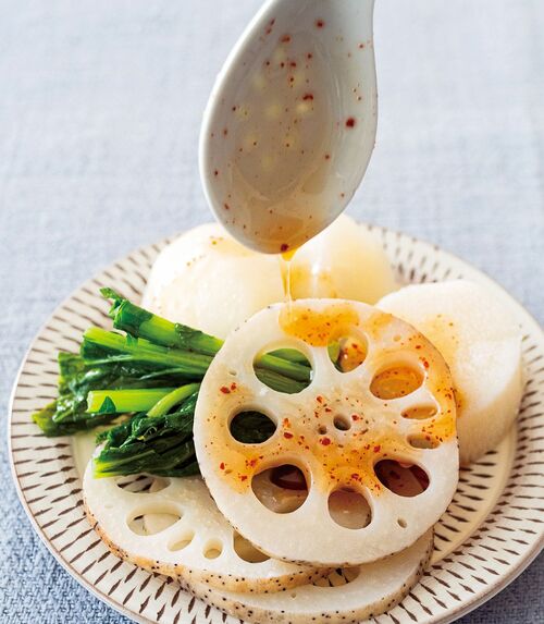 冬野菜の温サラダ梅唐辛子みりんソースで