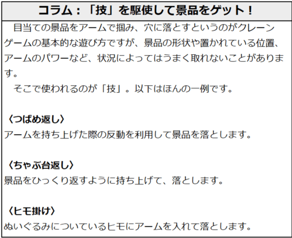 〈コラム：「技」を駆使して景品をゲット！〉目当ての景品をアームで掴み、穴に落とすというのがクレーンゲームの基本的な遊び方ですが、景品の形状や置かれている位置、アームのパワーなど、状況によってはうまく取れないことがあります。そこで使われるのが「技」。以下はほんの一例です。「つばめ返し」は、アームを持ち上げた際の反動を利用して景品を落とします。「ちゃぶ台返し」は、景品をひっくり返すように持ち上げて、落とします。「ヒモ掛け」は、ぬいぐるみについているヒモにアームを入れて落とします。