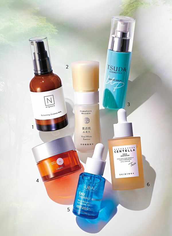 N organic BASIC バランシング エッセンスミルク〈医薬部外品〉 60mL、ドモホルンリンクル 美活肌エキス〈医薬部外品〉 30mL 、TSUDA COSMETICS スキンアップ セラム 45mL、薬用ABC-GプレミアムクリームTA〈医薬部外品〉 30g、ユリアージュ モイスチャーセラム 30mL、センテラ TECA セラム 50mL